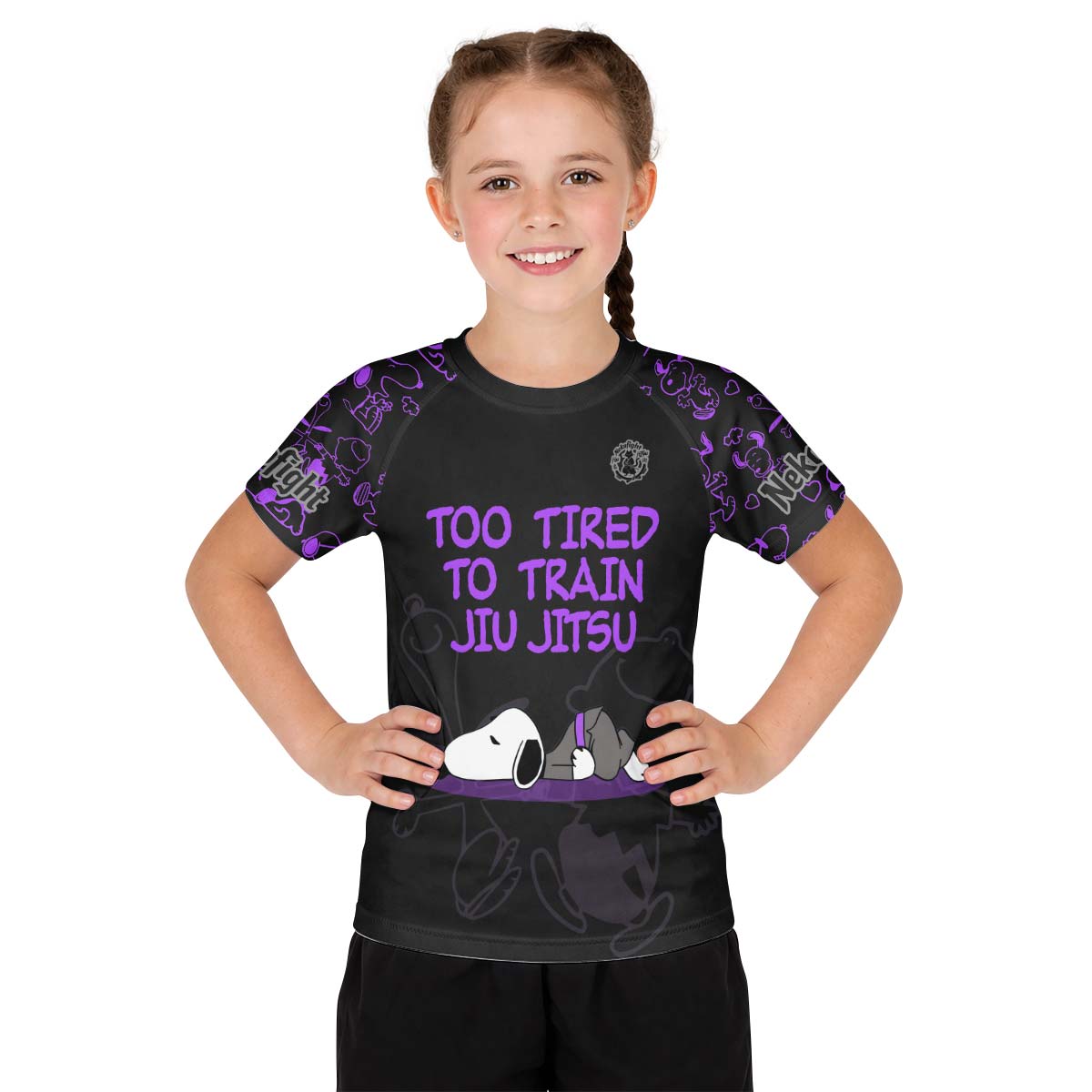 Snoopy Too Tired Too Train Purple Kid Rash Guard